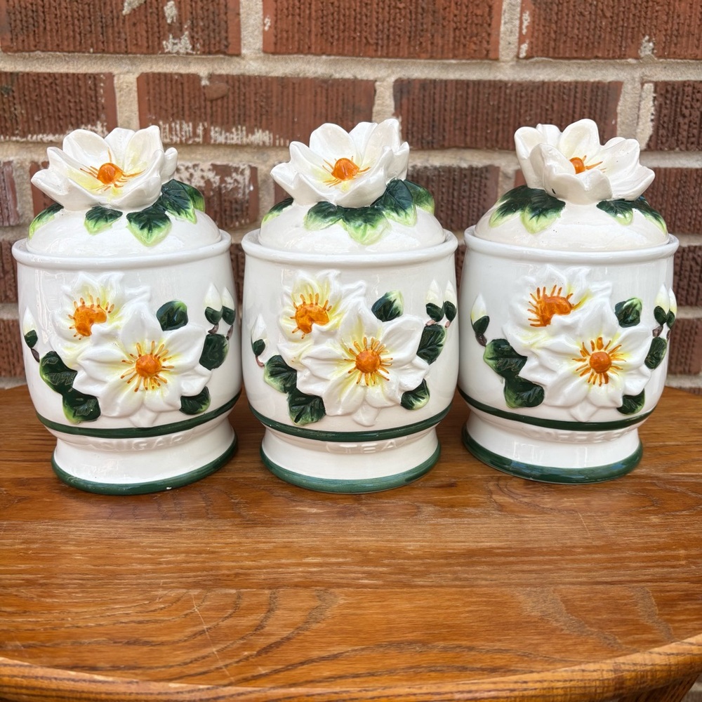 Vintage Magnolia Flower Canisters Kitchen Set of 3 Cottagecore